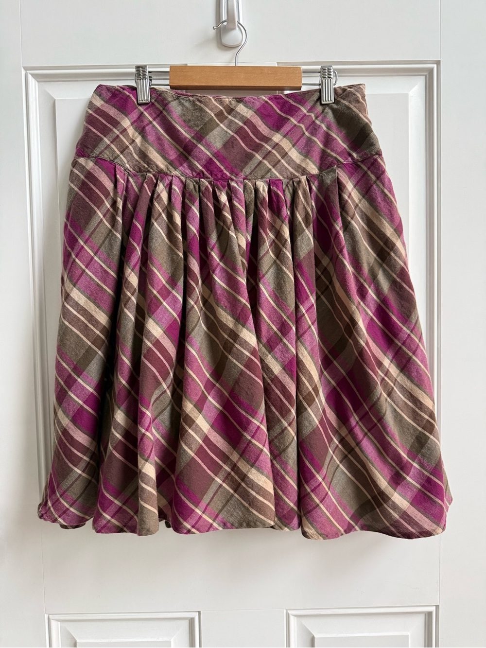 St. John's Bay Magenta Brown Plaid Full Gathered Midi Skirt Flowy 100% cotton